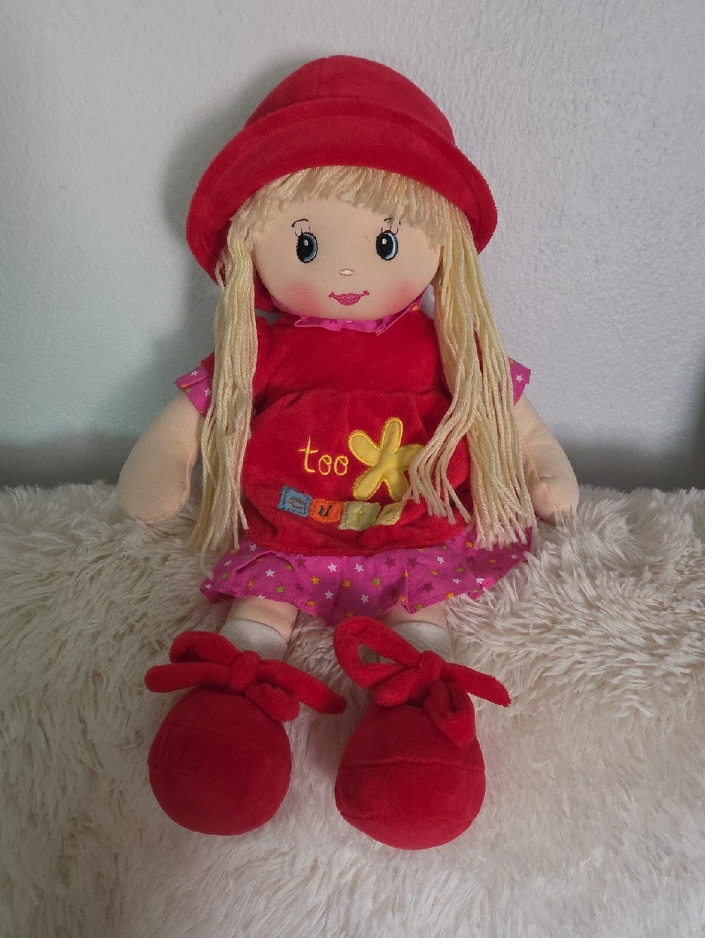 Plush Girl Doll in Red Outfit with Blonde Yarn Hair